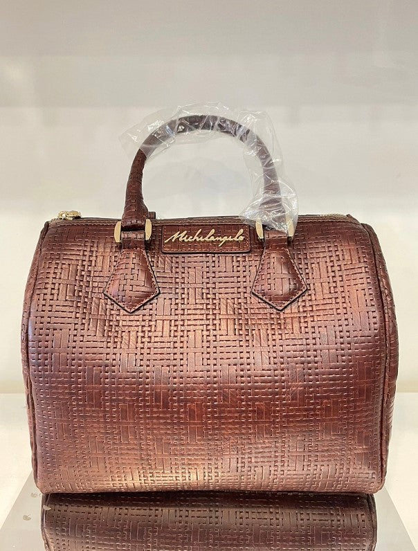 Michelangelo Solid Dark Brown Traveller Woven Leather Handbag Purse