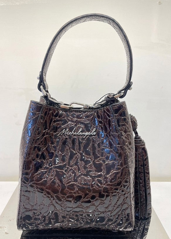 Michelangelo Dark Brown Earthly Print Leather Handbag Detachable Strap Purse