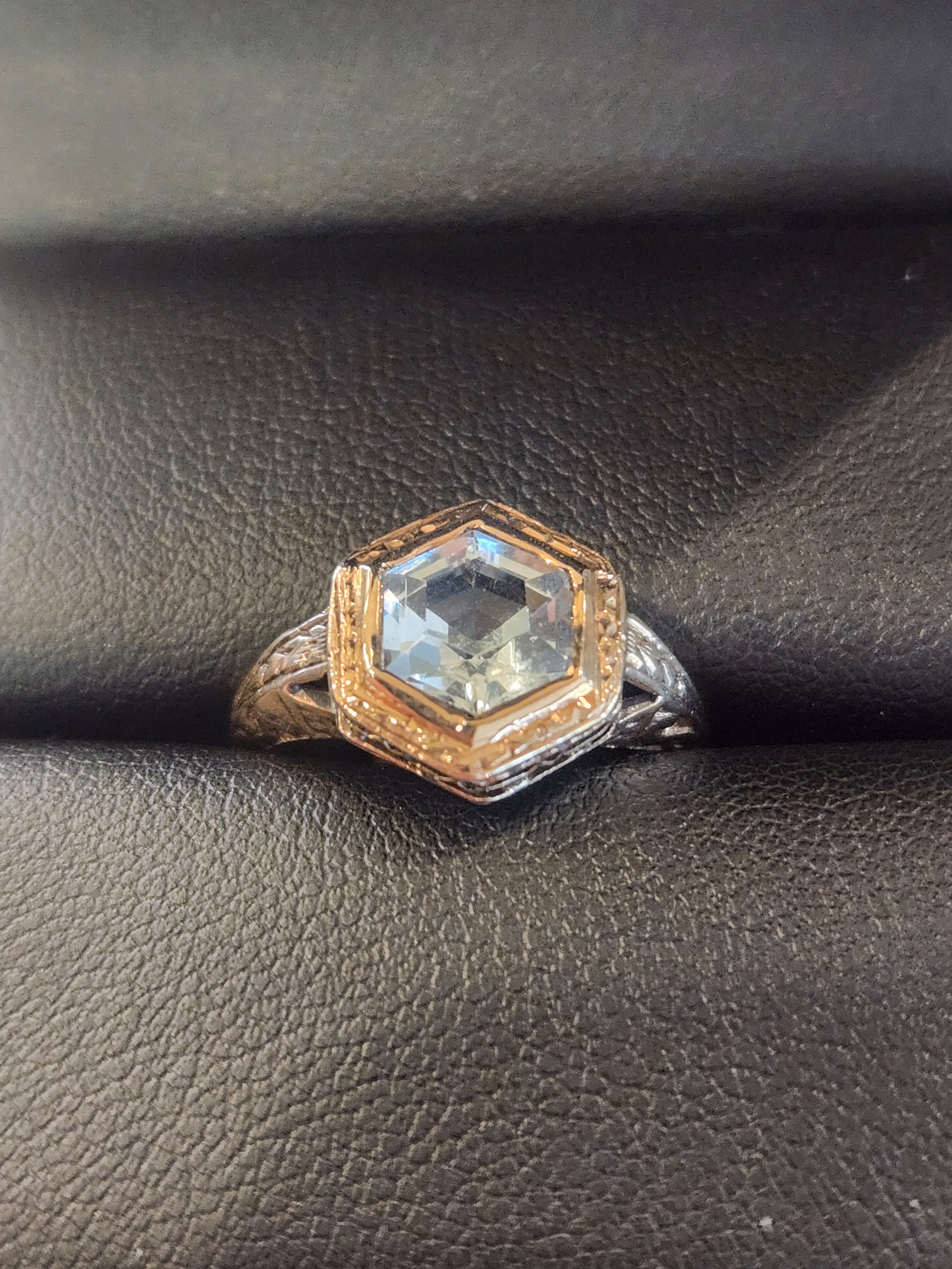 Jewelry 10K Yellow Gold Filligrie Circa 1920 English with Aqua Stone Womens Ring