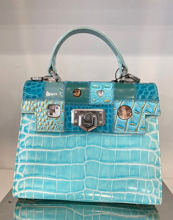 Michelangelo Multicolor Blue & Silver Shades Leather Handbag Purse