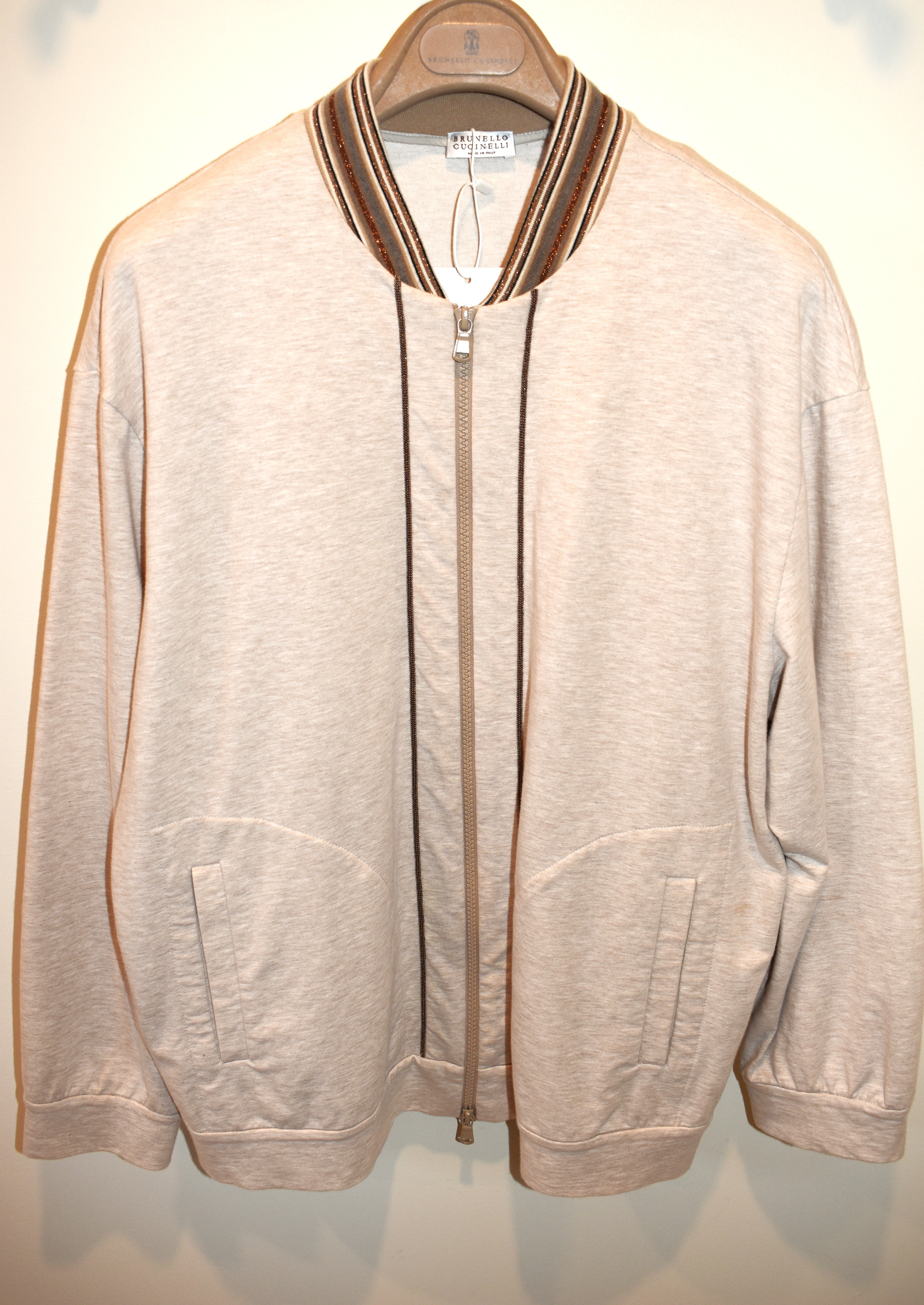 Brunello Cucinelli Beige Cotton Bomber Jacket Size XXL