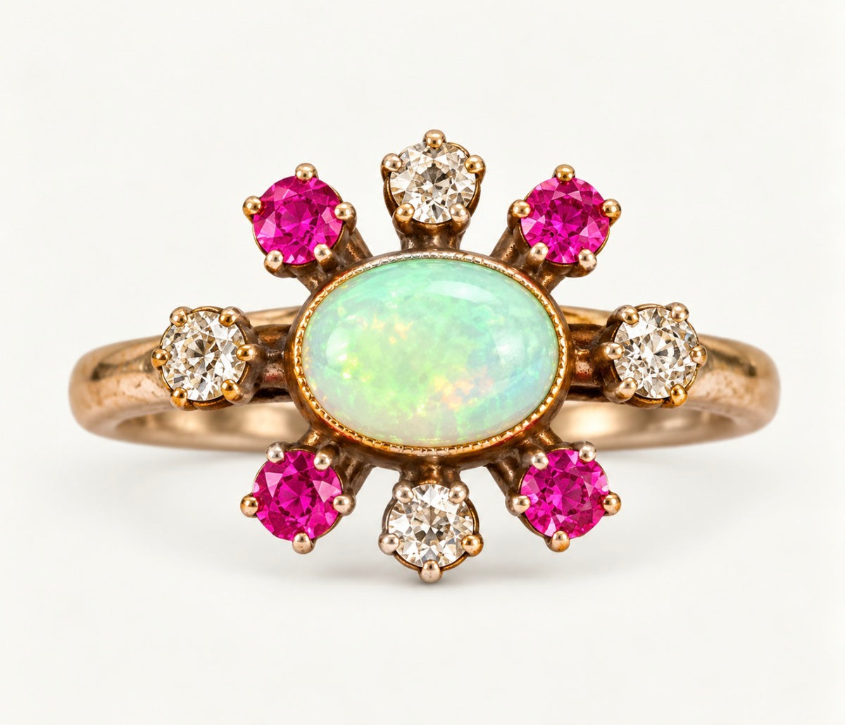 Jewelry 14k Rose Gold Cluster Opal with 4 Cut Diamonds 4 Rubies Women's Ring