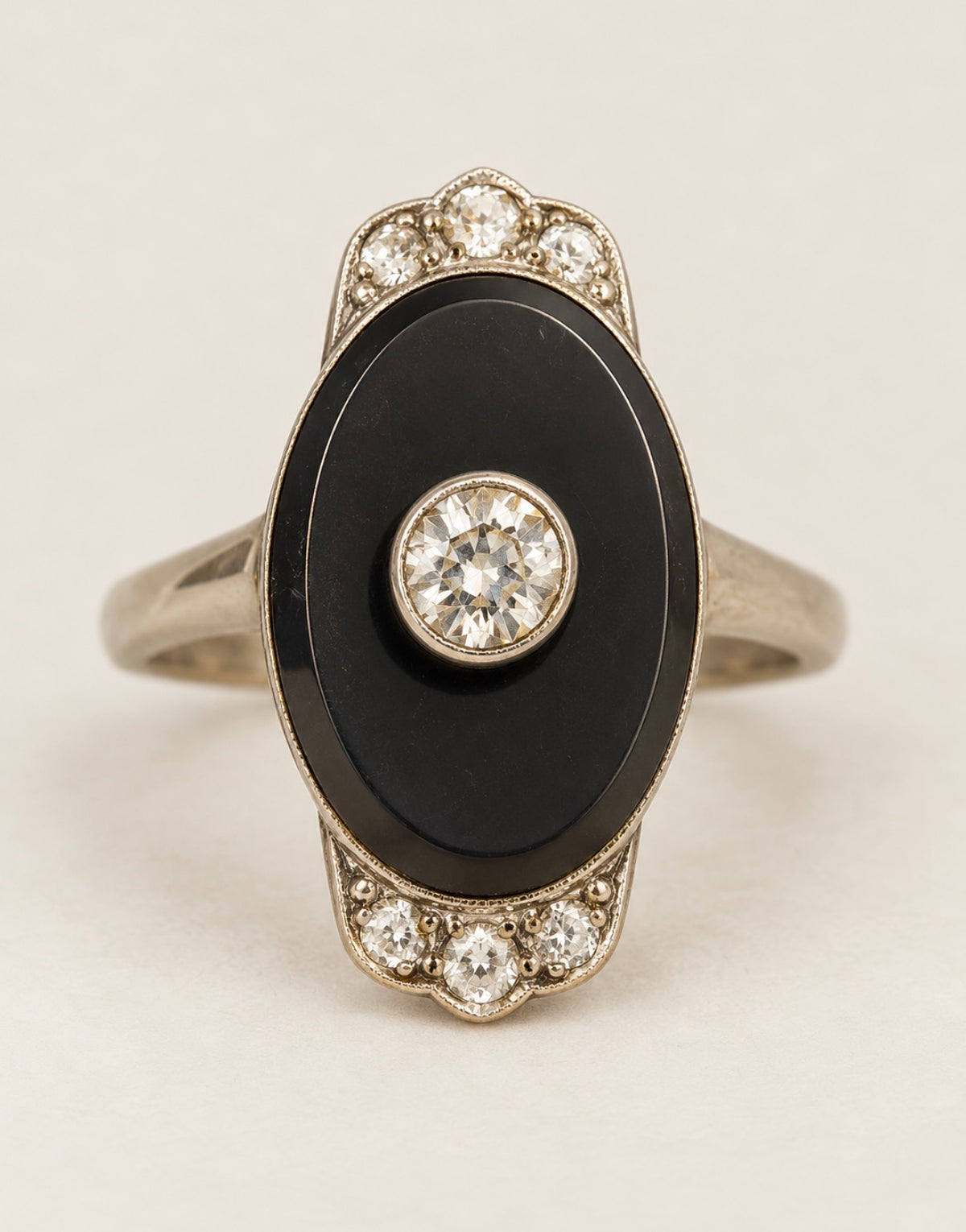 Jewelry 14k Rose Gold Oval Oxyx Concave Cut with Rose Cut Diamond Art Deco Women's Ring