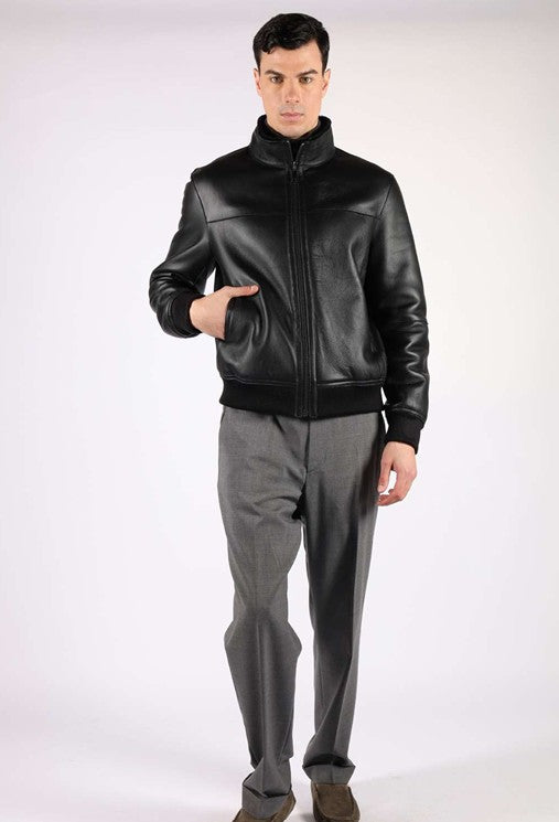 Artico Black Leather Men's Bomber Jacket