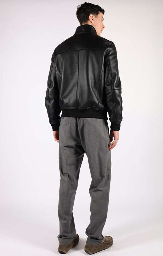 Artico Black Leather Men's Bomber Jacket