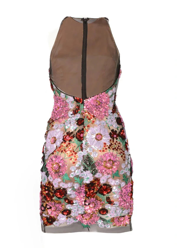 Kevan Hall Multicolor Floral Sequin Embroidered Mesh Sleeveless Dress Size 6