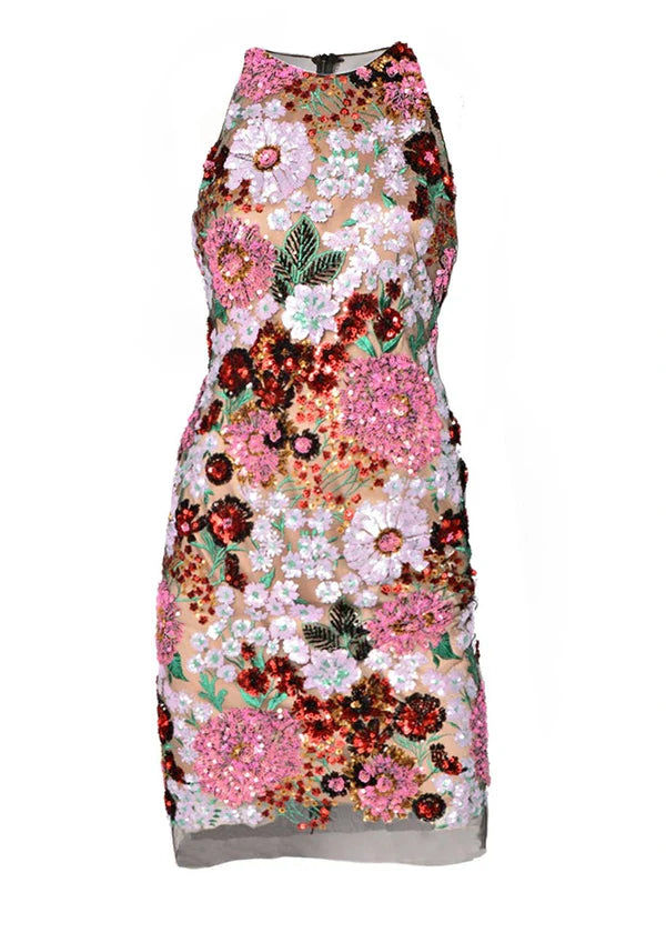 Kevan Hall Multicolor Floral Sequin Embroidered Mesh Sleeveless Dress Size 6