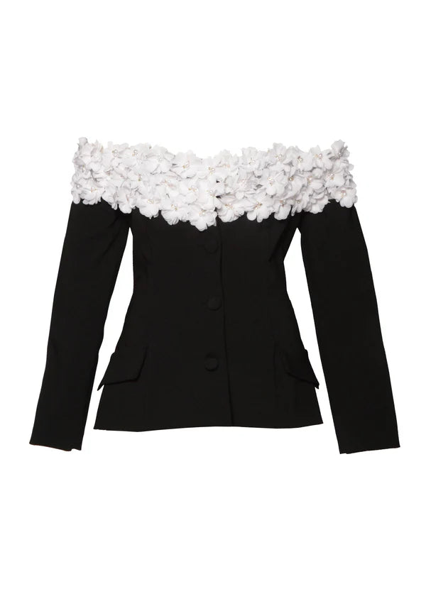 Kevan Hall Black & White Off The Shoulder Petal Tuxedo Jacket Size 4