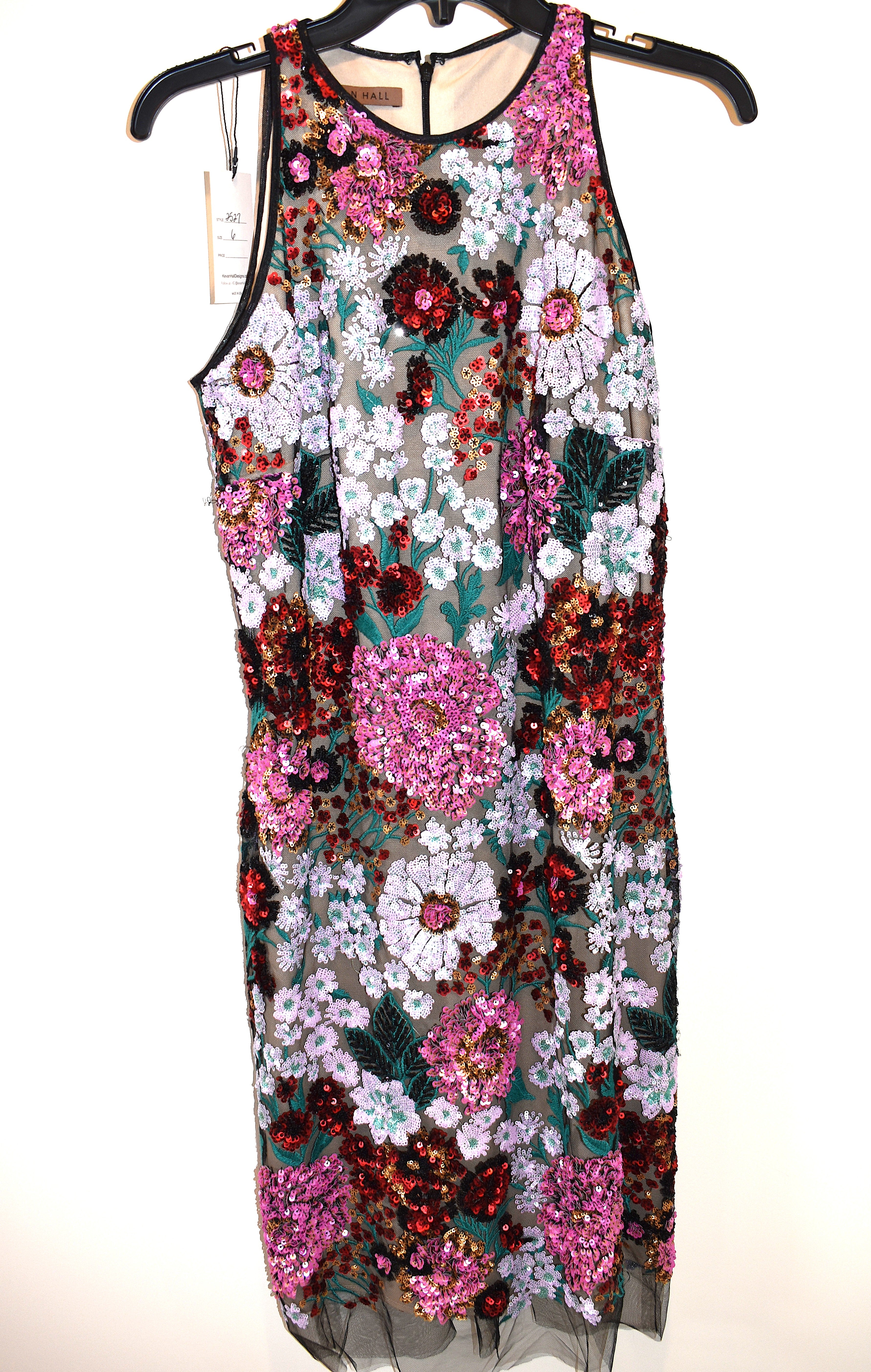 Kevan Hall Multicolor Floral Sequin Embroidered Mesh Sleeveless Dress Size 6