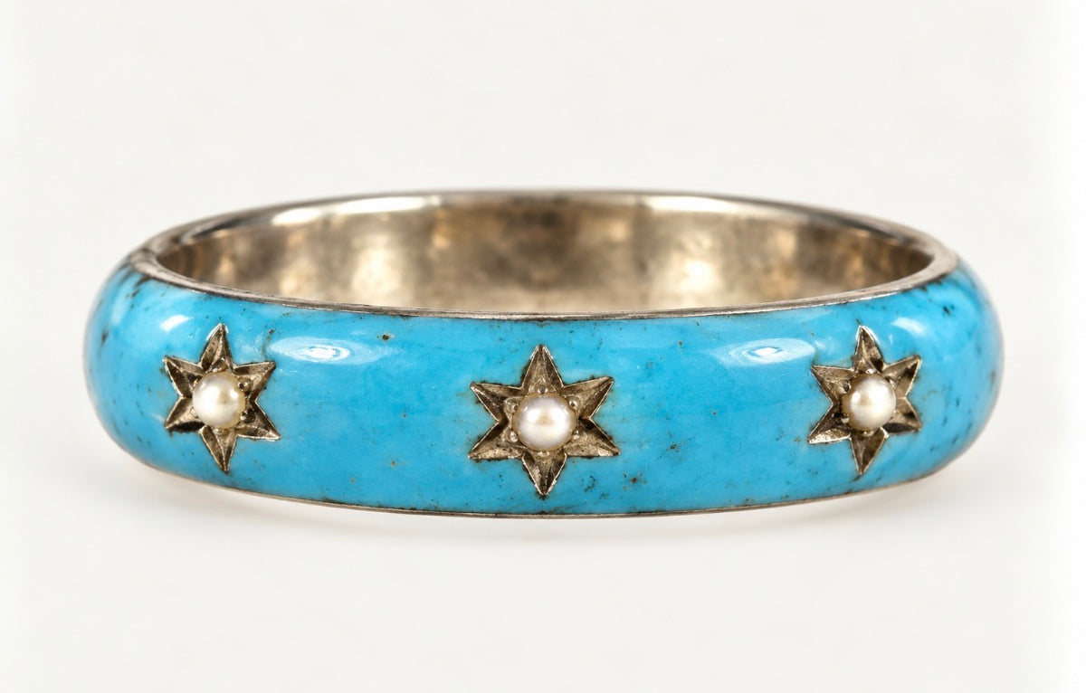 Jewelry Silver Blue Enamel with Three Forward Facing Pearls Women's Ring