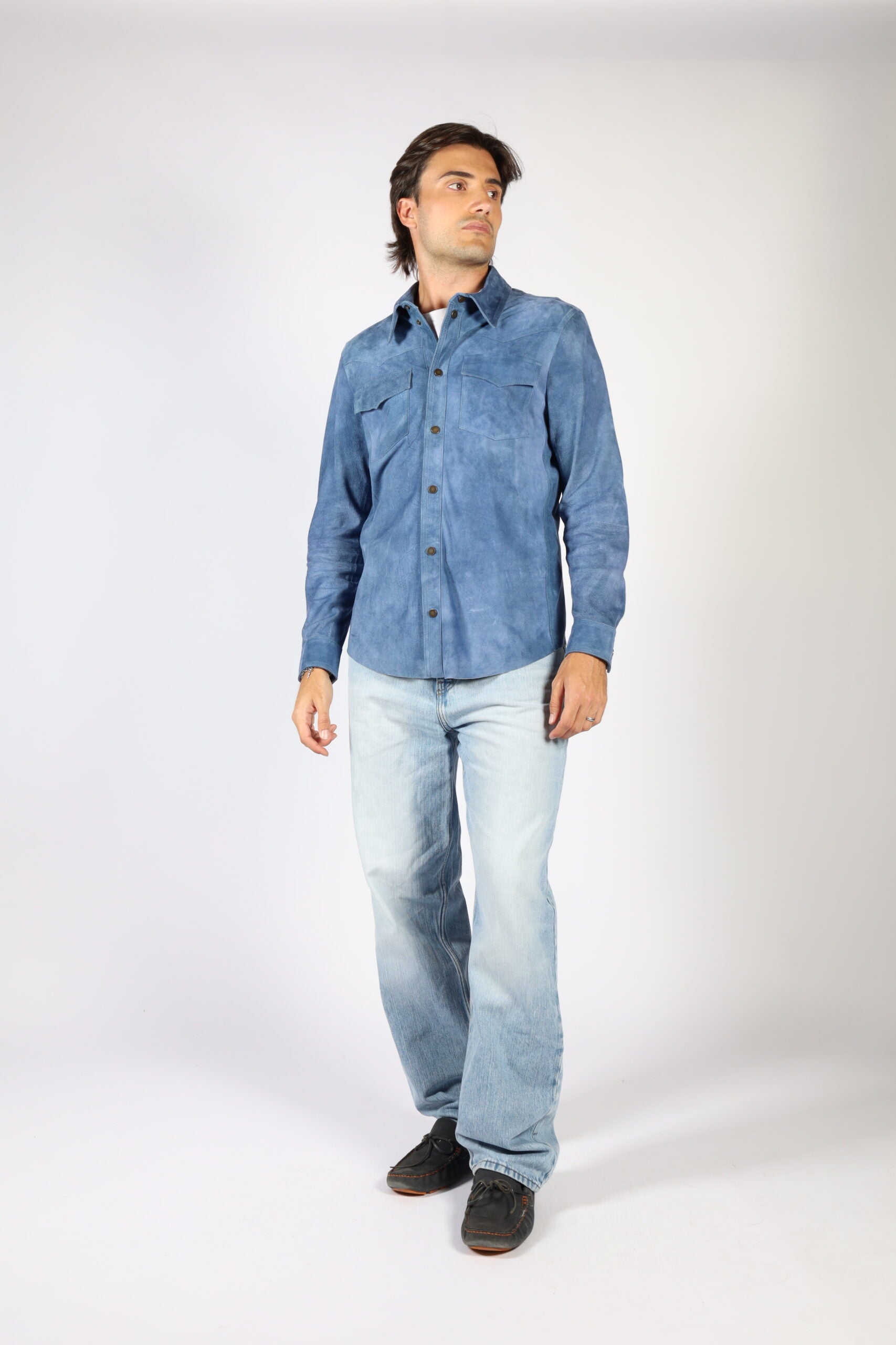 Artico Light Blue Denim Colored Suede Men's Overshirt Sizes 42 & 46 US